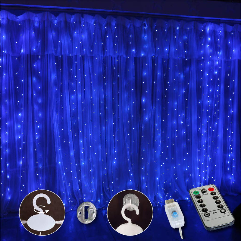 SINAMER Curtain Light, 9.8ft x 9.8ft Copper Wire String Lights, USB Powered Hanging Window Fairy Lights, 8 Lighting Modes, Remote Control for Home Christmas Wedding Party (Blue) Blue - NewNest Australia