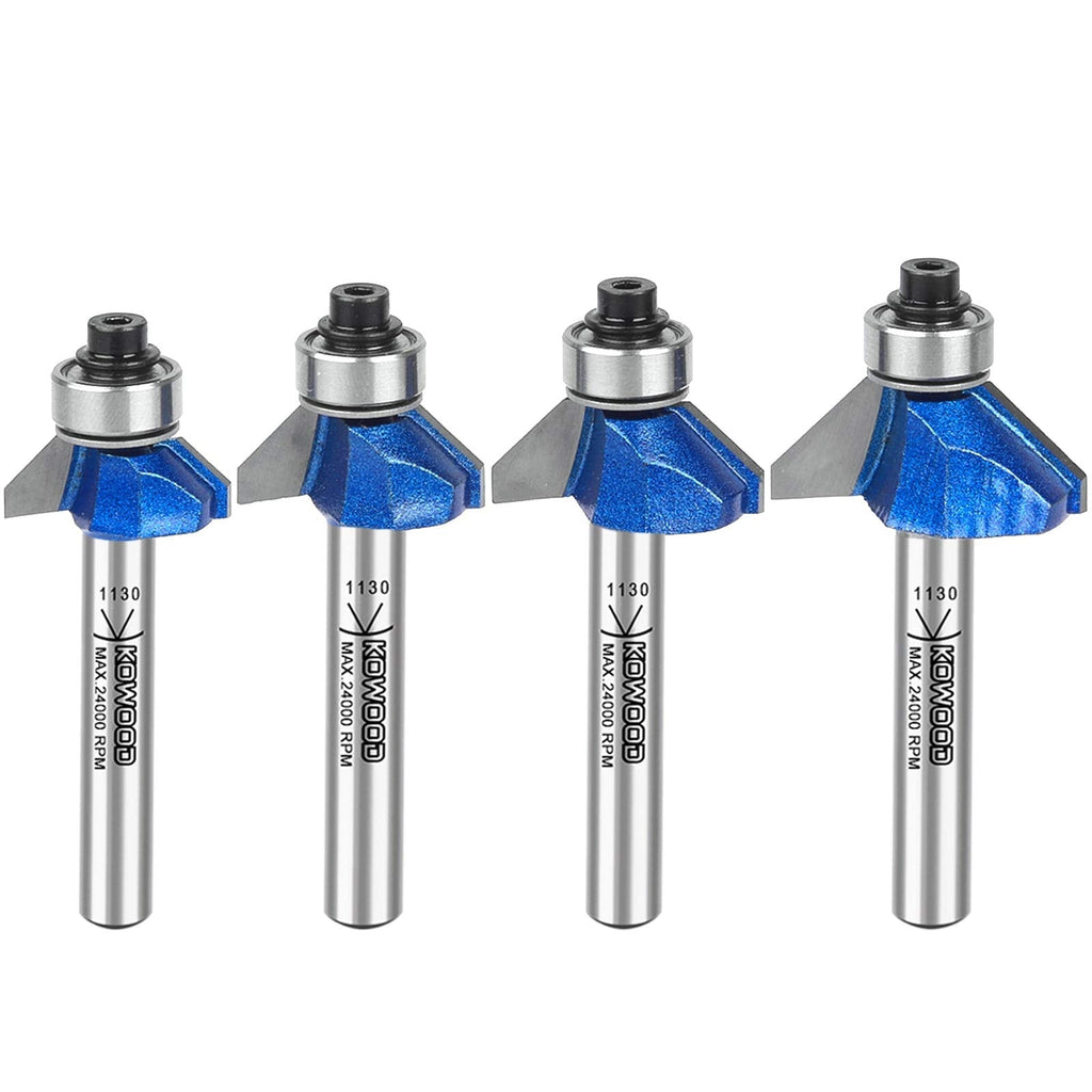 KOWOOD Plus 45 Degree Chamfer Router Bit Set, 1/4 Inch Shank, Cutting Diameter in 1/4”, 5/16”, 3/8”, 1/2”.KOWOOD C3 Carbide. Ideal for Angled Edges, Clean Edge or Decorative Pieces 45° Chamfer - NewNest Australia
