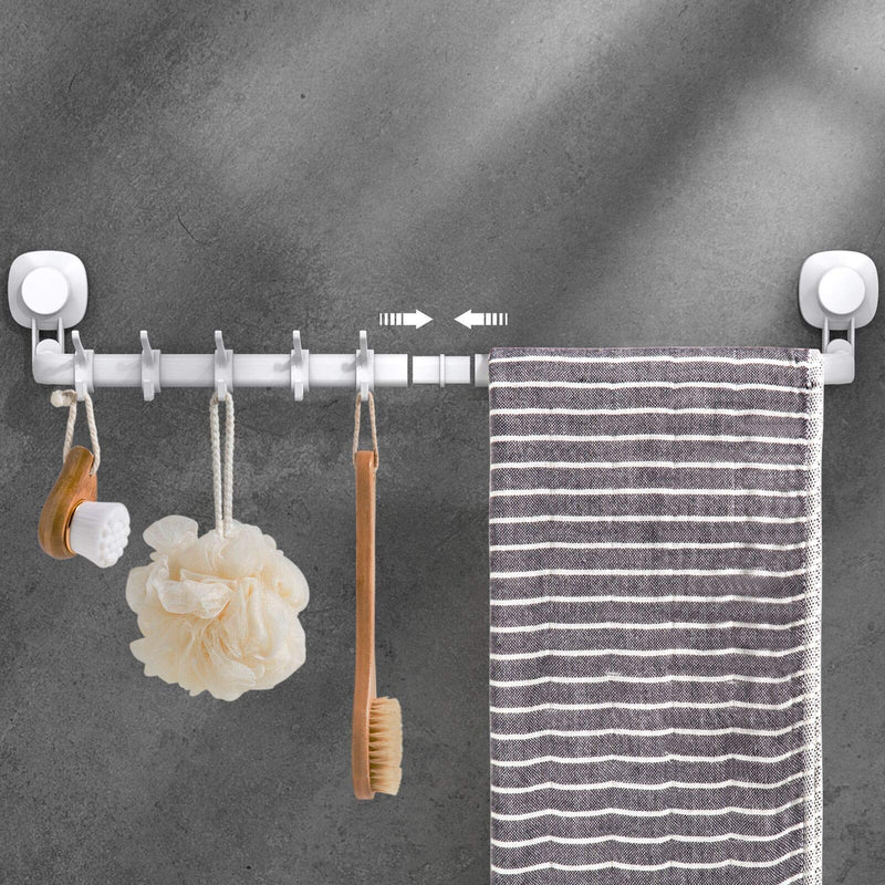 LUXEAR Suction Cup Towel Bar, 24 inches Adjustable Towel Rack, No Drill & Removable Hand Towel Holder with 5 Sliding Hooks, Wall Mounted Towel Hanger for Bathroom, Kitchen, Door - White - NewNest Australia