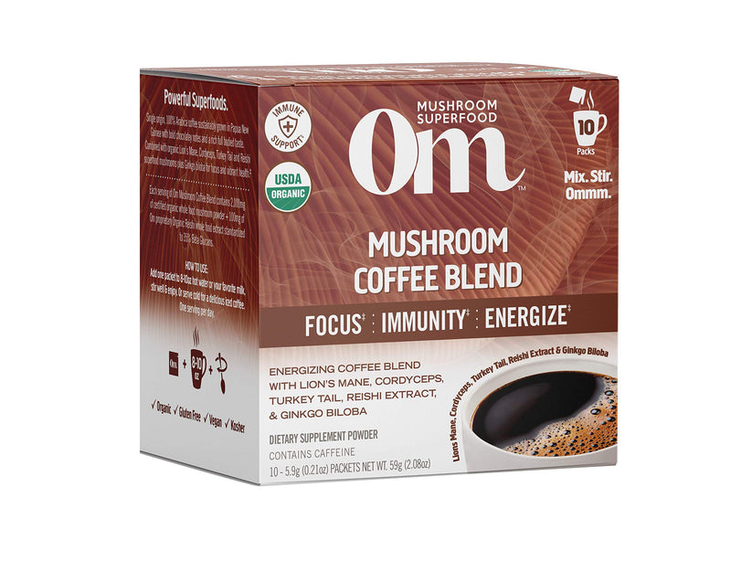Om Mushroom Superfood Coffee Blend Mushroom Powder, Single Serve, 10 Count, Organic Arabica Beans, Lion's Mane, Cordyceps, Turkey Tail, Reishi Extract, Ginkgo Biloba, Supports Energy and Focus 10 Servings - NewNest Australia
