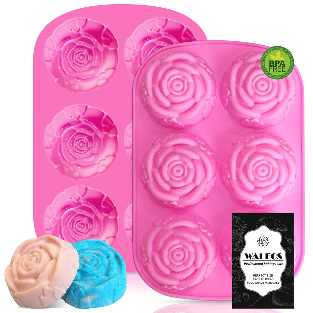 Walfos Silicone Rose Mold - 2 Pcs Large Rose Flower Soap Mold, Food Grade Silicone and BPA Free, Perfect for Soap, Mousse, Cake, Jelly, Chocolate, Dishwasher Safe 2 Pcs, Pink Flower Shape - NewNest Australia