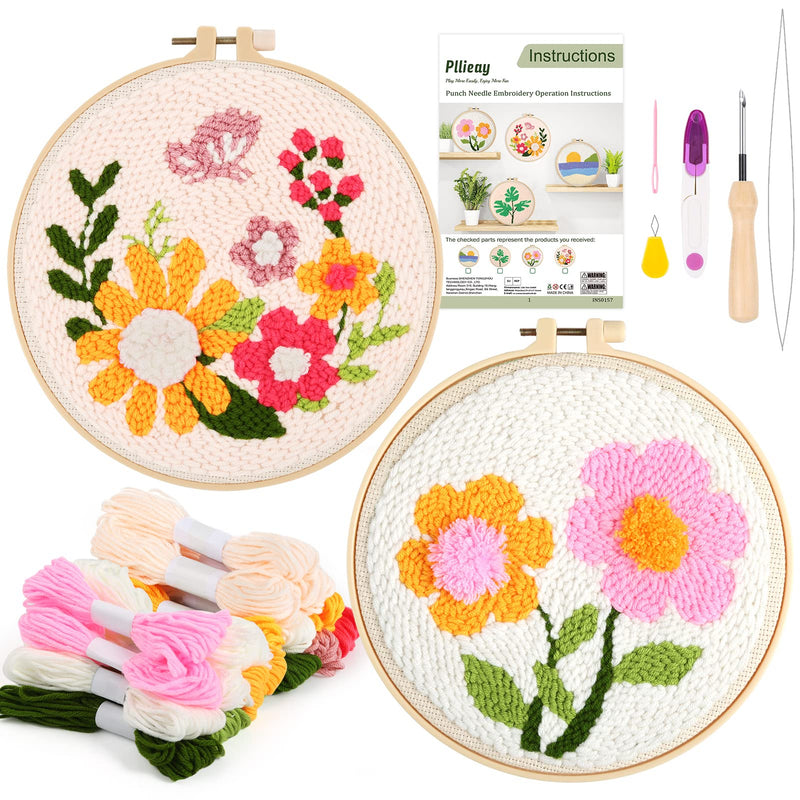 Pllieay 2 Set Punch Needle Embroidery Starter Kits Include Instructions, Punch Needle Fabric with Pattern, Yarns, Embroidery Hoops for Rug-Punch & Pinch Needle Flowers - NewNest Australia