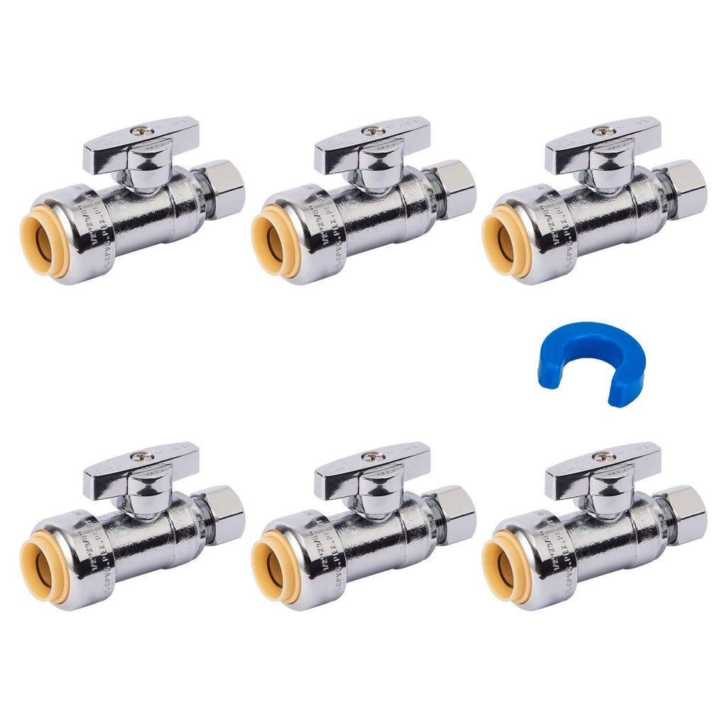 SUNGATOR Push Straight Shut Off, 6-Pack Water Stop Valve 1/2" Ptc x 3/8" Compression with Disconnect Clip, Push-to-Connect, PEX, Copper, CPVC, PE-RT, 1/4 Turn ON/Off, Lead Free Brass 6 Pack - NewNest Australia