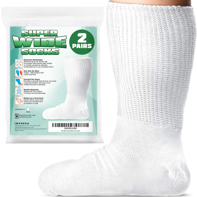 [2 Pairs] One Size Unisex Extra Width Socks in White for Lymphedema - Bariatric Sock - Oversized Sock Stretches up to 30'' Over Calf for Swollen Feet And Mens and Womens Legs - NewNest Australia