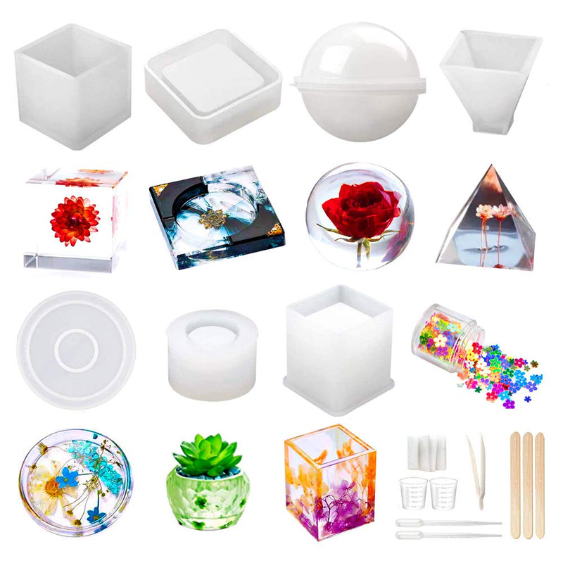 Resin Molds Silicone Kit 20Pcs,Epoxy Resin Molds Including Sphere,Cube,Pyramid,Square,Round, Used for Create Art,DIY,Ashtrays,Coasters,Candles.Bonus Decorative Sequins and The Complete Set Tools White - NewNest Australia