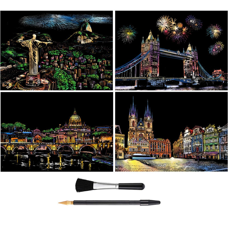 MIASTAR Scratch & Sketch Art for Kids & Adults, Rainbow Painting Night View Scratchboard(A4), Art & Craft, 4 Sheets Scratch Cards & Drawing Pen, Clean Brush (Beautiful City) Beautiful City - NewNest Australia