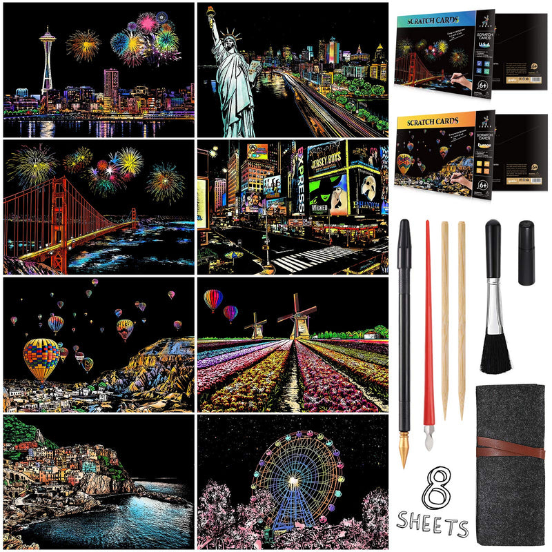 MIASTAR Scratch Painting Kits for Adults & Kids, Craft Art Set, Rainbow Scratch Painting Paper, Sketch Night View Scratchboard, 16'' x 11.2'' Creative Gift with 6 Tools kit (America / Europe) America / Europe - NewNest Australia