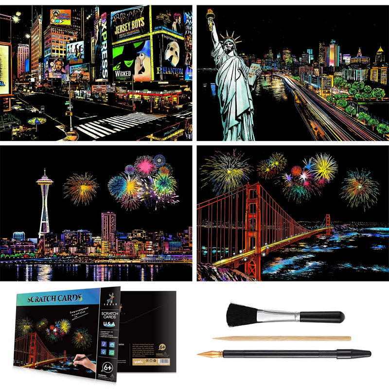 Rainbow Scratch Art Painting Paper (A4) for Adults & Teens, Night View Scratchboard Set:4 Sheet Scratch Cards, Clean Brush, Drawing Pen(Times Square / Golden Gate Bridge / Seattle / Statue of Liberty) America - NewNest Australia