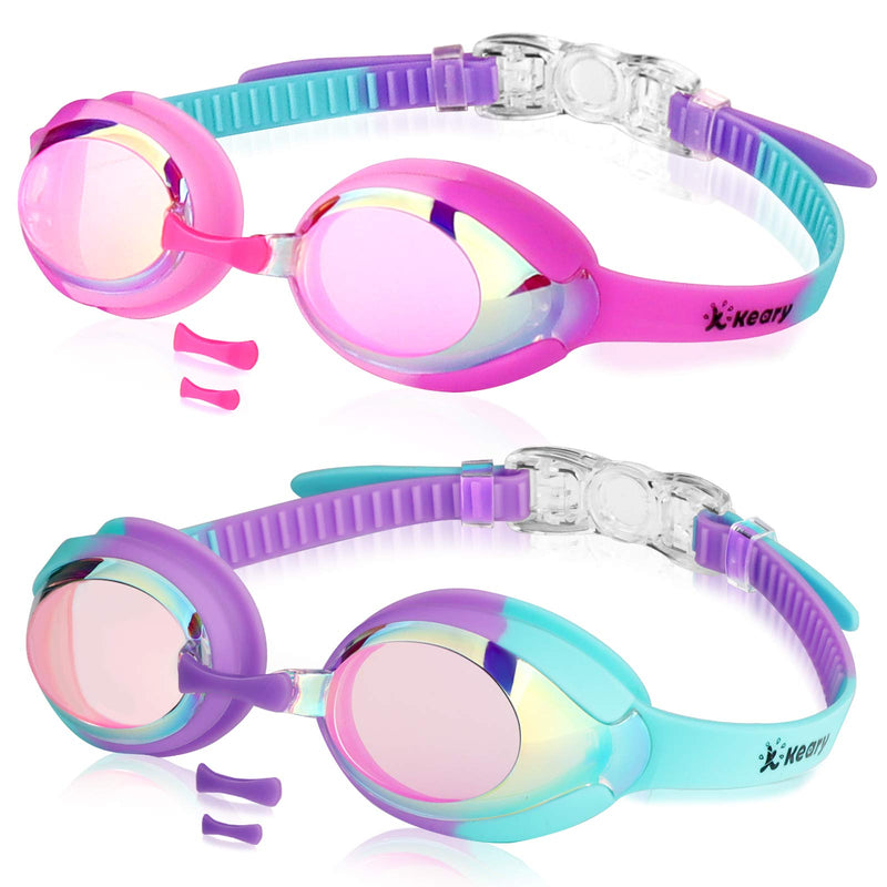 Keary 2 Pack Kids Swim Goggles for Toddler Kids Youth(3-9),Anti-Fog Waterproof Anti-UV Clear Vision Water Pool Goggles Mirrored Pink & Purple(2 Pack) - NewNest Australia