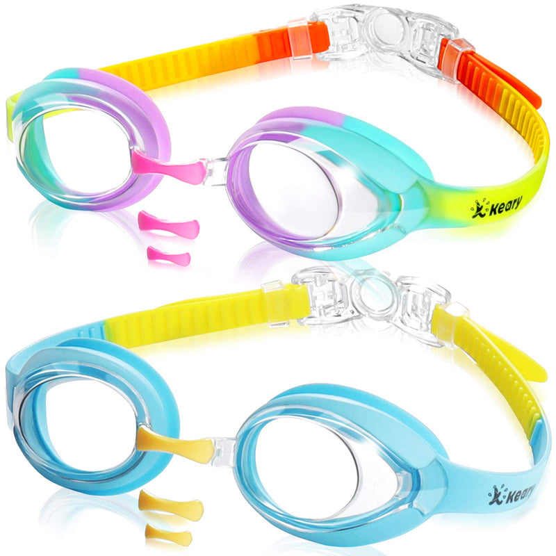 Keary 2 Pack Kids Swim Goggles for Toddler Kids Youth(3-9),Anti-Fog Waterproof Anti-UV Clear Vision Water Pool Goggles Clear Rainbow & Blue(2 Pack) - NewNest Australia