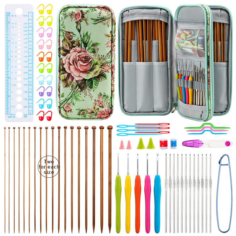 KOKNIT Knitting & Crochet Kit, 9.5" Lightweight Smooth Single Pointed Bamboo Knitting Needles, with 17 Crochet Hooks & Accessories & Elegant Storage Case, Best Gift for Beginner Peony Flower - NewNest Australia
