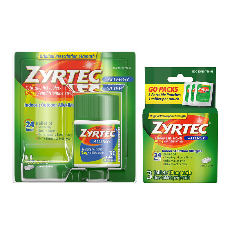 Zyrtec 24 Hour Allergy Relief Tablets, Antihistamine Allergy Medicine with 10 mg Cetirizine HCI, Bundle with 1 x 30 ct and 1 x 3 ct Travel Pack 33 Count (Pack of 1) - NewNest Australia