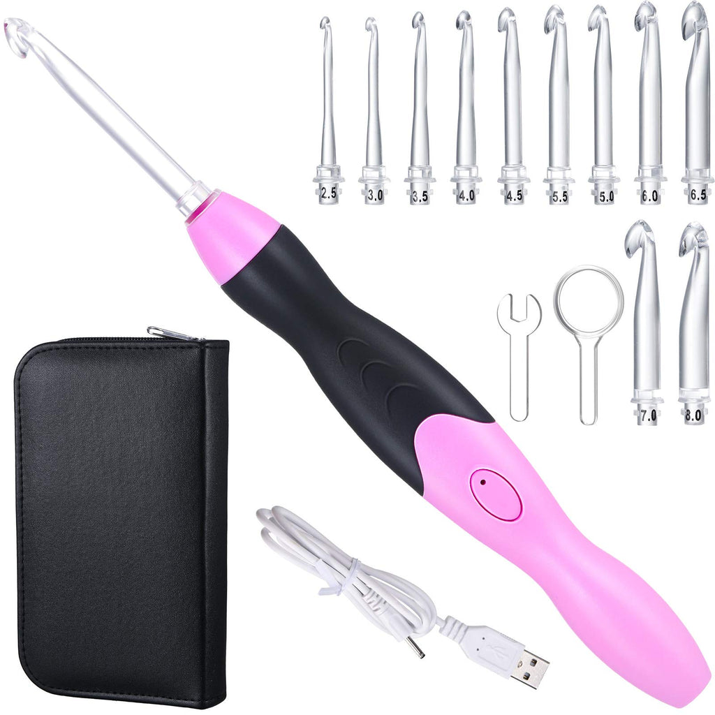 11 Sizes Lighted Crochet Hooks Set Rechargeable Crochet Hook Light Up Crochet Hooks with Case, Interchangeable Heads 2.5 mm to 8 mm for DIY Craft Supplies (Pink-Black) Pink-Black - NewNest Australia