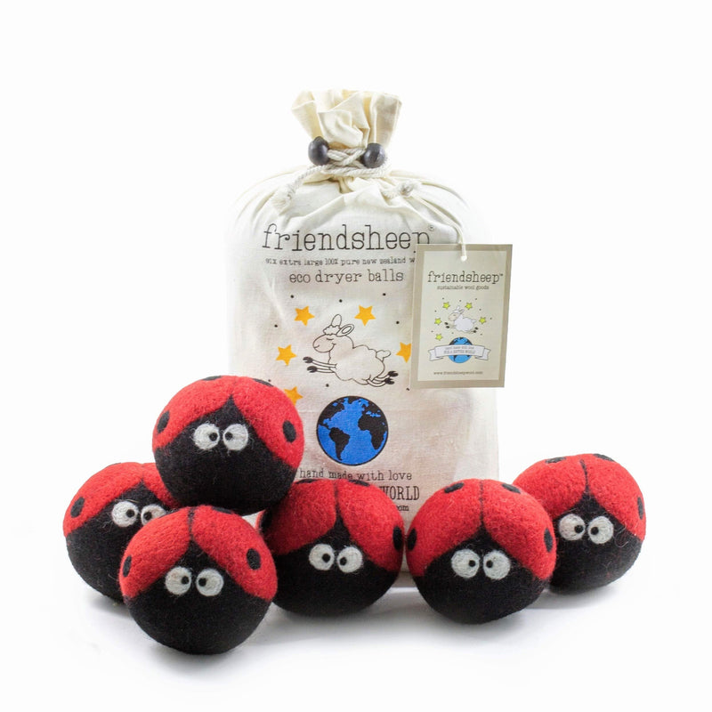 Friendsheep Wool Dryer Balls 6 Pack XL Organic Premium Reusable Cruelty Free Handmade Fair Trade No Lint Fabric Softener Ladybugs - Laundrybugs - NewNest Australia