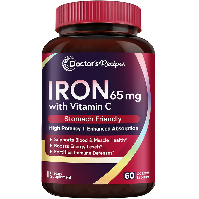 Doctor’s Recipes Iron 65 mg Carbonyl Iron with Vitamin C, Maximized Absorption Easy on The Stomach, Red Cells Formation, Blood, Heart, Brain, Muscle & Immunity Health, Vegan Non-GMO 60 Tablets - NewNest Australia