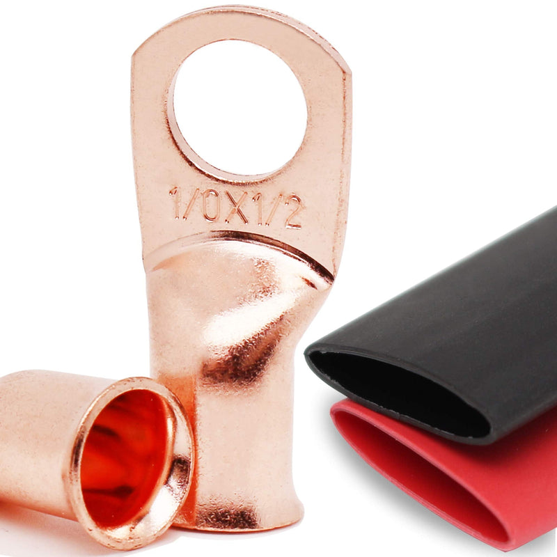 TKDMR 10pcs 1/0 AWG-1/2" Battery Lugs,Copper Wire Lugs,Heavy Duty Battery Cable Ends,Tubular Ring Terminals,AWG Crimp Wire Ring Lugs,Battery Terminal Connectors with 3:1 Heat Shrink Tubing 1/0 Awg - 1/2" (M12) Ring 10 - NewNest Australia