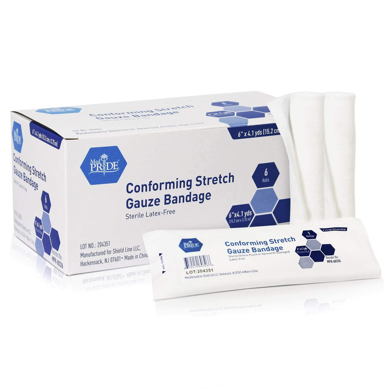 Medpride Conforming Stretch Gauze Bandages, 6 Rolls 6'' x 4.1 Yards| Sterile Latex Free First Aid Pads | Wound Care Rolled Dressing Wrap | Medical Non-Adherent Mesh Bandages 6x147.6 Inch (Pack of 6) - NewNest Australia