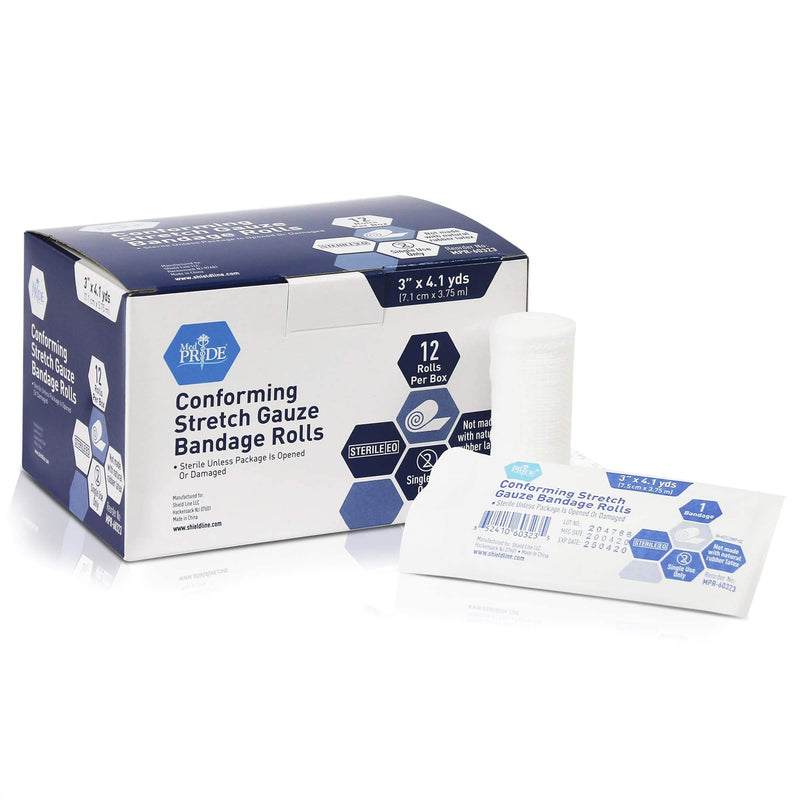 Medpride Conforming Stretch Gauze Bandages 12 Rolls 3'' x 4.1 Yards| Sterile Latex Free First Aid Pads | Wound Care Rolled Dressing Wrap | Medical Non-Adherent Mesh Bandages 3x147.6 Inch (Pack of 12) - NewNest Australia