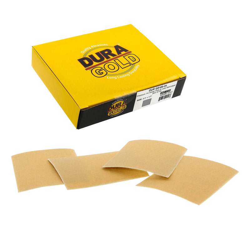 Dura-Gold - Premium - 100 Grit Gold - 1/4 Sheet Hook & Loop or Clip On Sandpaper 5.5" x 4.5" - For Automotive & Wookworking Palm Sanders - Box of 24 100-Grit - NewNest Australia