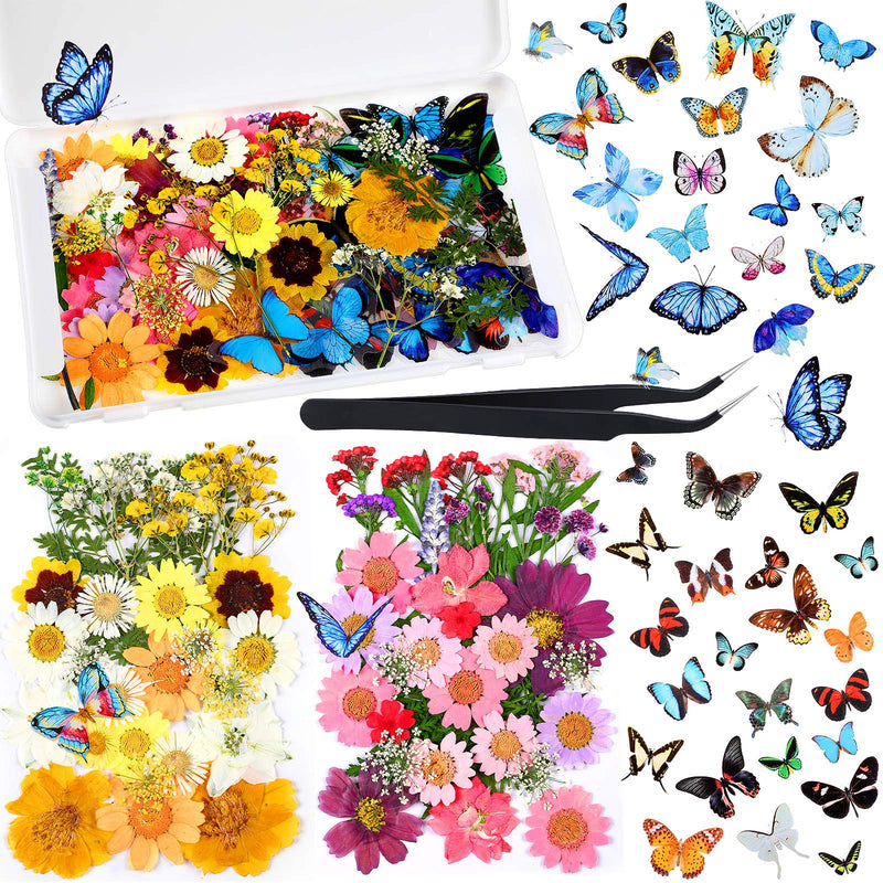 Dried Pressed Flower and Butterfly Transparent Sticker Set, Natural Real Dried Flower Butterfly Scrapbook Decal with Box and Curved Tweezers for DIY Decoration Resin Making (Bright Series) Bright Series - NewNest Australia