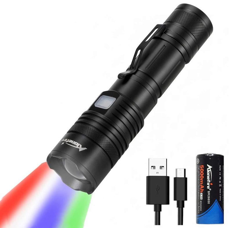 Alonefire X37 4 Color Tactical MultiColor LED Flashlight White Blue Green Red 4 Lights RGB USB Rechargeable Zoomable with Charging Indicator, Power Outlet, 26650 Battery for Tracking Hunting Fishing - NewNest Australia