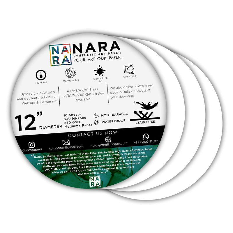 NARA Alcohol Ink Paper | White | 12" Diameter Circle | 330 microns/250 GSM | 10 Sheets | Medium+ Paper | Paper for Alcohol Ink Art Painting | 100% Stain-Free White_Circle_Paper Sheets_02 - NewNest Australia