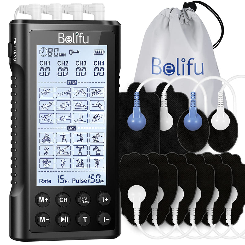 Belifu 4 Independent Channel TENS EMS Unit, 24 Modes,30 Level Intensity Muscle Stimulator Machine, Rechargeable Electric Pulse Massager with 10 Pads&5 Set Leads Wires, for Pain Relief Therapy Black - NewNest Australia