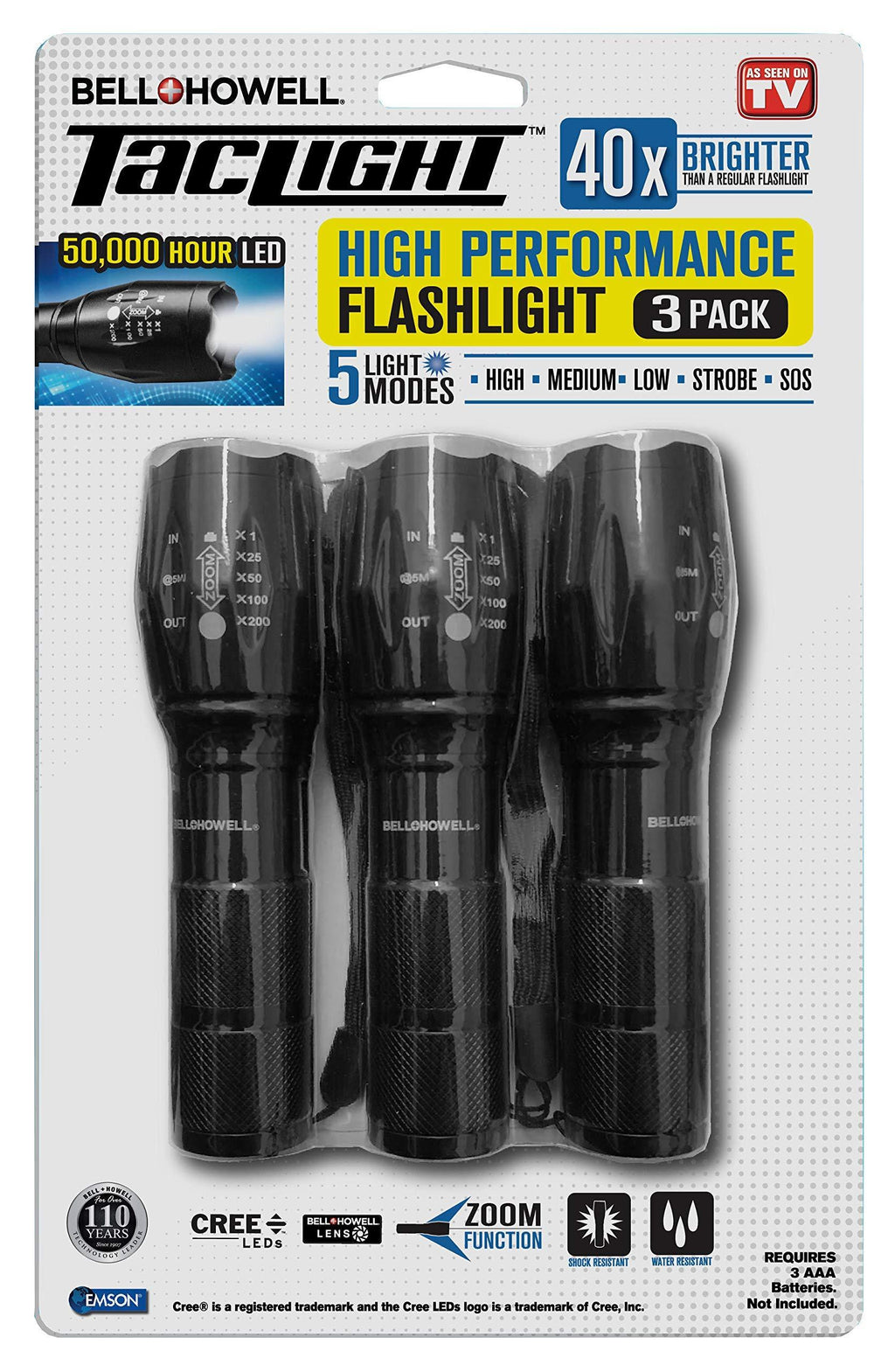 TACLIGHT FLASHLIGHT As Seen On TV Set of 3 by Bell and Howell LED Tactical Flash light Shock Water Resistant Military Grade Ultra Bright with 5 Modes and Zoom Function (40x Brighter) Black - NewNest Australia