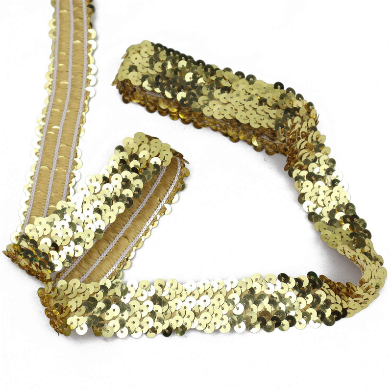 Elastic Sequin Ribbon Trim, Flat Glitter Stretch Fabric Ribbon, Metallic Gleaming Appliqué Sewing Trim Lace for Dance Dress Embellish Headband Supplies, 10 Yards 1Inch Wide (Gold) Gold - NewNest Australia