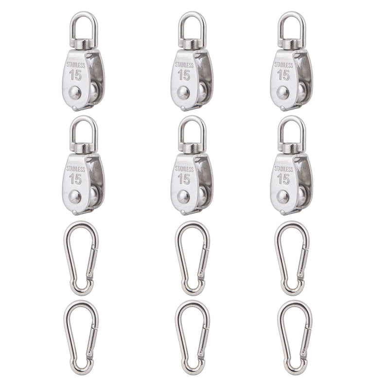 6Pcs 304 Stainless Steel M15 Single Pulley Block, Wire Rope Hanging Wire Towing Wheel, with 6Pcs Spring Snap Hook M15-6pcs - NewNest Australia