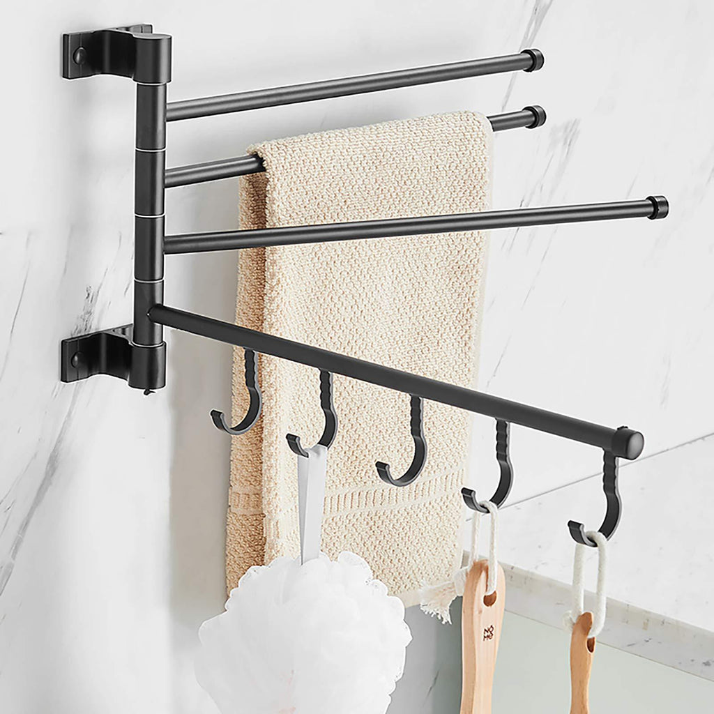 EAQ Swivel Towel Rack,4-Arm Bathroom Wall Mounted Swivel Towel Bars Holder with Hooks Rustproof（Matte Black ） (4-Arm) 4-Arm - NewNest Australia