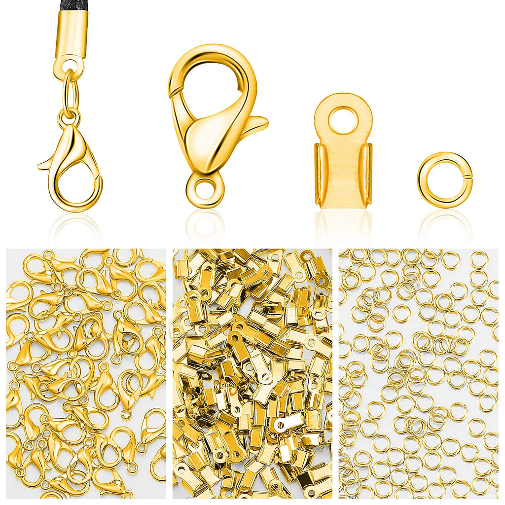 450 Piece Jewelry Making Accessories Kit Include 200 Fold Over Cord End Caps Crimp End Tips 200 Jump Ring Connectors and 50 Bracelet Necklace Lobster Claw Clasps and Closures (Gold) Gold - NewNest Australia