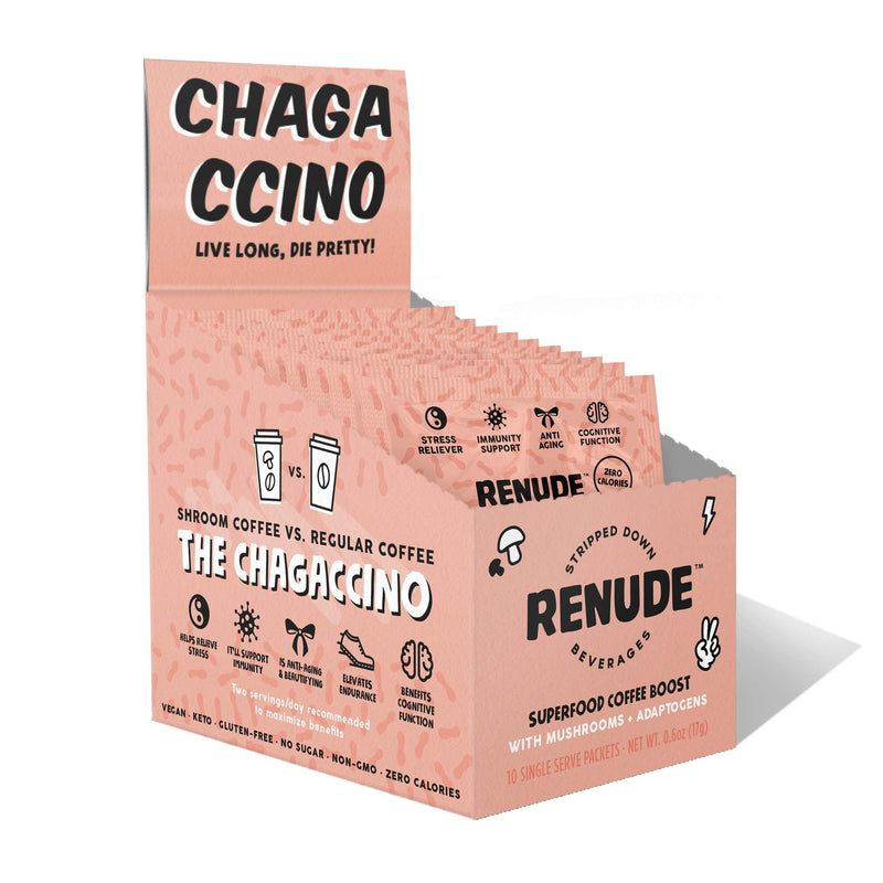 Chagaccino by Renude, Mushroom & Adaptogen Coffee Boost Powder with Wild Foraged Chaga, Cacao, Ceylon Cinnamon & Monk Fruit, Immune Support, Beauty & Brains, Vegan & Keto, 0 Calories, 10 Count of 17g - NewNest Australia