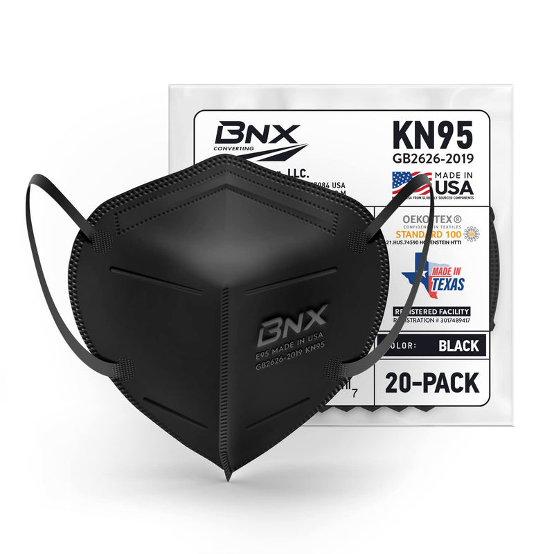 BNX KN95 Face Masks Made in USA (20-Pack), (Earloop) (Model: E95) Black - NewNest Australia