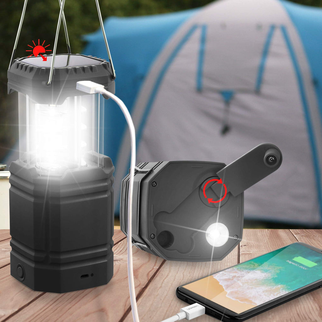 3000 Large Capacity Hand Crank Solar Camping Lantern, Portable Ultra Bright LED Torch, 30-35 Hours Running Time, USB Charger, Electronic Lantern for Outdoor Black - NewNest Australia