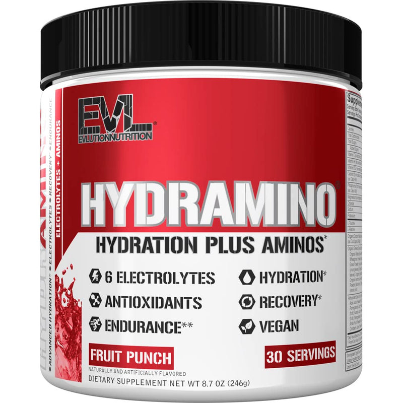 Evlution Nutrition HYDRAMINO Complete Hydration Multiplier, All 6 Electrolytes, Vitamin C & B, Fluid Boosting Aminos, Coconut Water, Endurance, Recovery, Antioxidants, 30 Serve, Fruit Punch - NewNest Australia