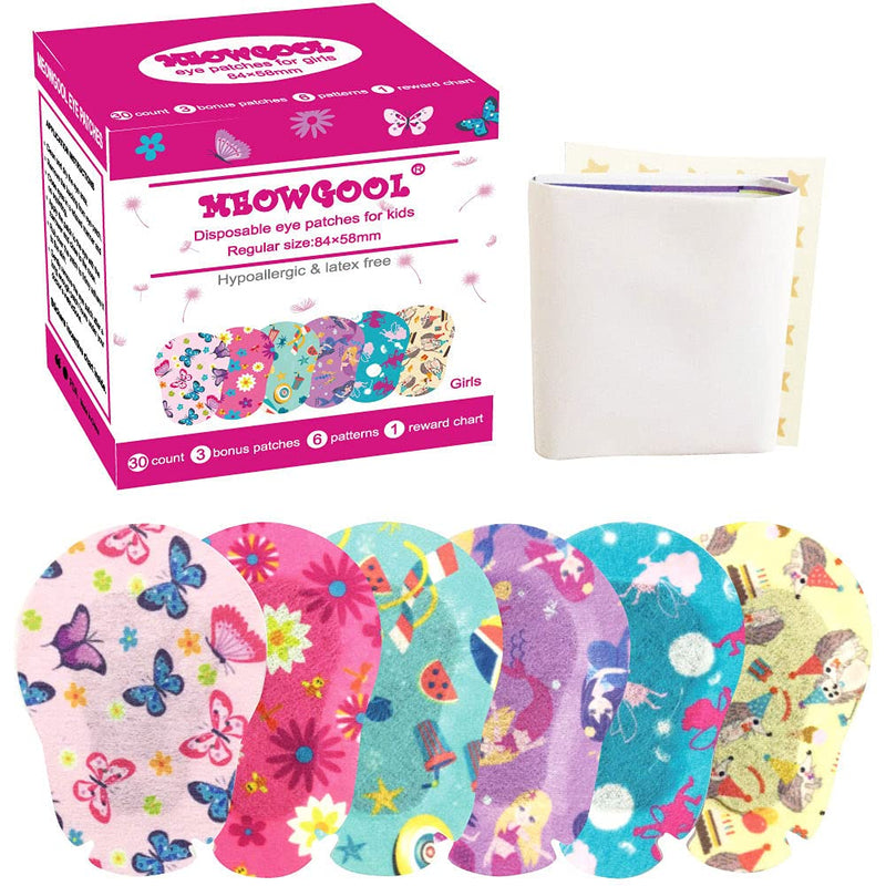 Meowgool Adhesive Eye Patches for Kids with Lazy Eye, 30+3 Bonus Patches, 6 Fun Girls Designs, 1 Stickers Incentive Poster (Regular Size) - NewNest Australia