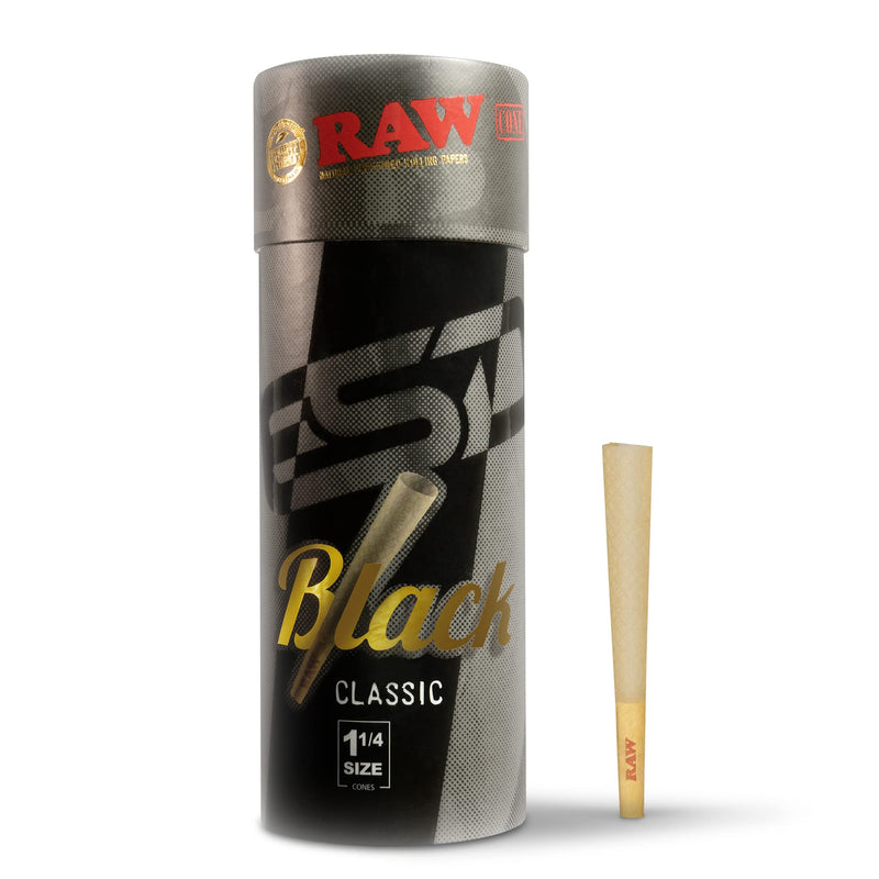 RAW Cones Classic Black 1-1/4 Size | 50 Pack | Natural Pre Rolled Rolling Paper Pressed Extra Fine for Thin, Slow Burning, Naturally Translucent Paper with Tips & Packing Sticks Included 50 Count (Pack of 1) - NewNest Australia