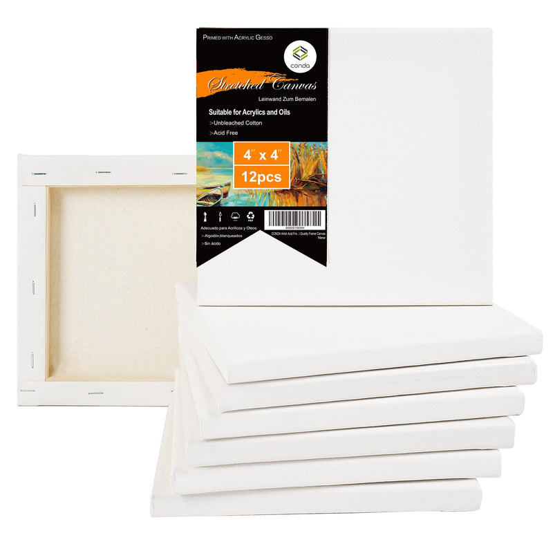 CONDA 4x4 inch Stretched Canvas for Painting, Pack of 12, 100% Cotton, 5/8 Inch Profile Value Bulk Pack for Acrylics, Oils Painting 4x4 inch, 12 Pack - NewNest Australia