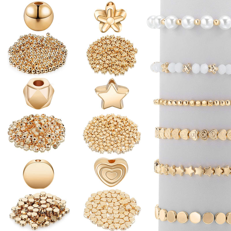 1200 Pieces Spacer Beads Set Star Beads Round Ball Beads Rondelle Faceted Spacer Beads Heart Beads Flower Beads Flat Disc Beads Loose Beads for Bracelet Earring Necklace Jewelry Making (Gold) Gold - NewNest Australia