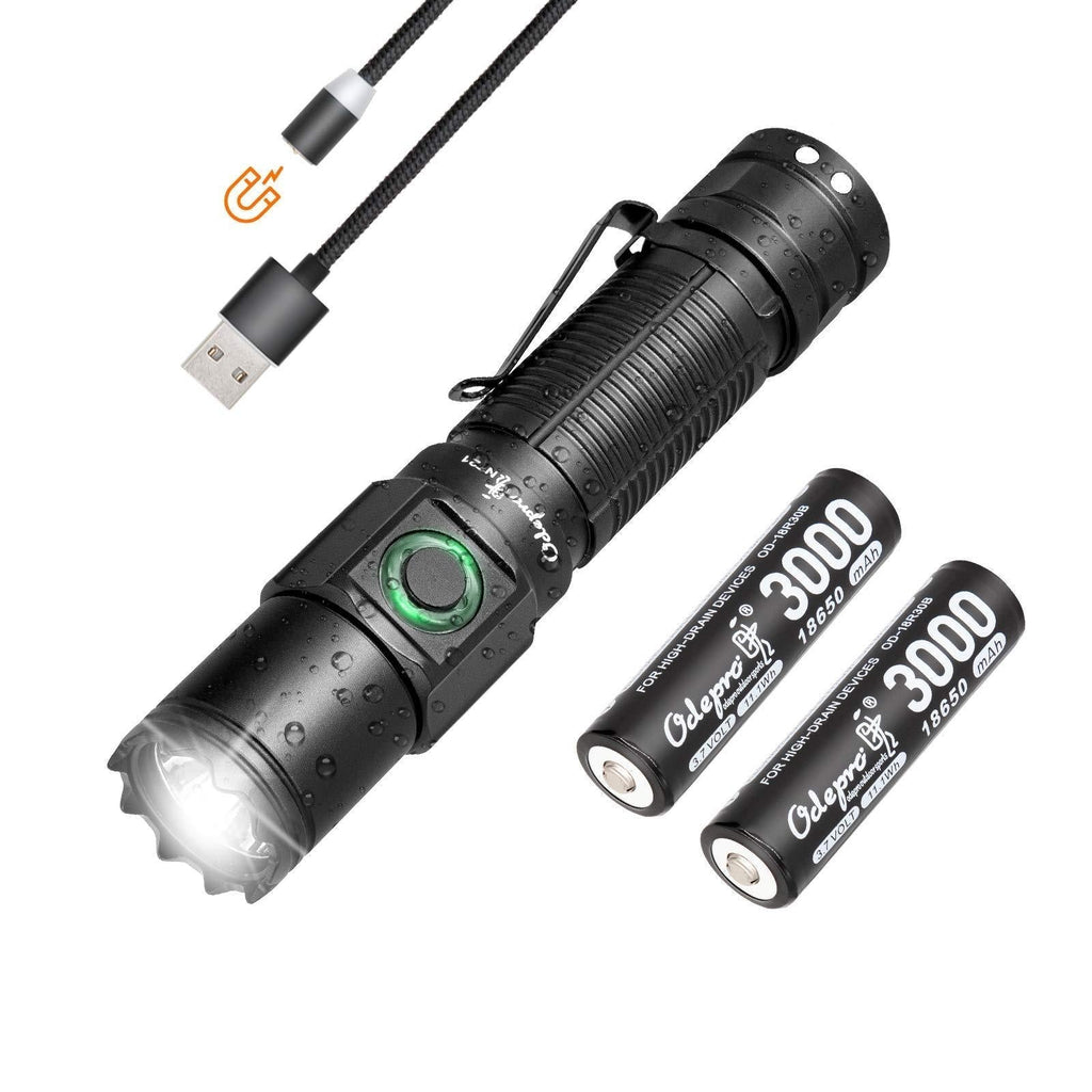 Odepro NT21 1200 Lumens USB Magnetic Rechargeable Flashlight, Waterproof EDC Pocket Flashlight with Clip, Battery Power Indicator, 2Pcs 18650 Battery and Holster Included - NewNest Australia