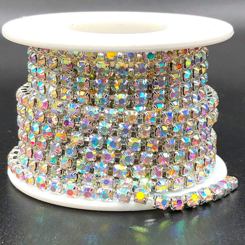Towenm 1 Roll 5 Yards Large Crystal Rhinestones Close Chain, 4mm Rhinestone Chain, Sew on Crystal Rhinstone Chain Trim, Crystal Claw Cup Chain Roll (Silver Base + Crystal AB, SS16 / 4.0mm) Silver Base + Crystal AB - NewNest Australia
