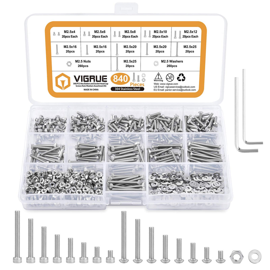 VIGRUE 840 PCS M2.5 x 4/6/8/10/12/16/20/25mm Hex Button and Socket Head Cap Screws Nuts Washers Assortment Kit with Storage Box 840pcs - NewNest Australia