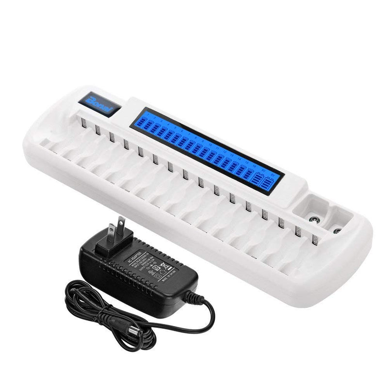 Bonai 16+2 Bay Rechargeable Battery Charger for NiMH AA AAA 9V Batteries (Updated, High Speed Charging) with Smart LCD Display and AC Wall Adapter, Batteries not Included - White - NewNest Australia