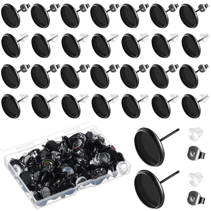 300 Pieces Stud Earring Kit Include 100pcs 12 mm Stainless Steel Blank Stud Earring Bezel Settings 100 Rubber Backs 100 Stainless Steel Earring Backs (Black with Black and Clear) - NewNest Australia