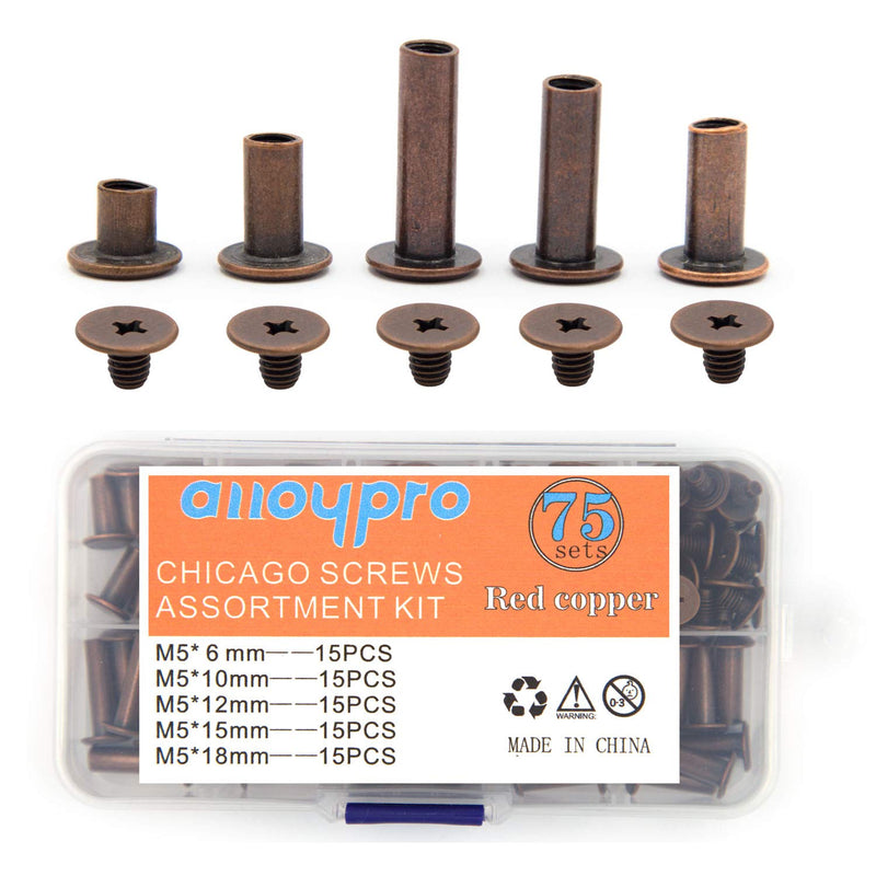75 Sets Chicago Screws Assorted Kit Red Copper Leather Rivets Screw Rivets Slotted Phillip Head Book Binding Posts Nail Rivet Chicago Bolts for DIY Leather Craft Bookbinding (5x6,10,12,15,18) Red copper 5x6,10,12,15,18 - NewNest Australia