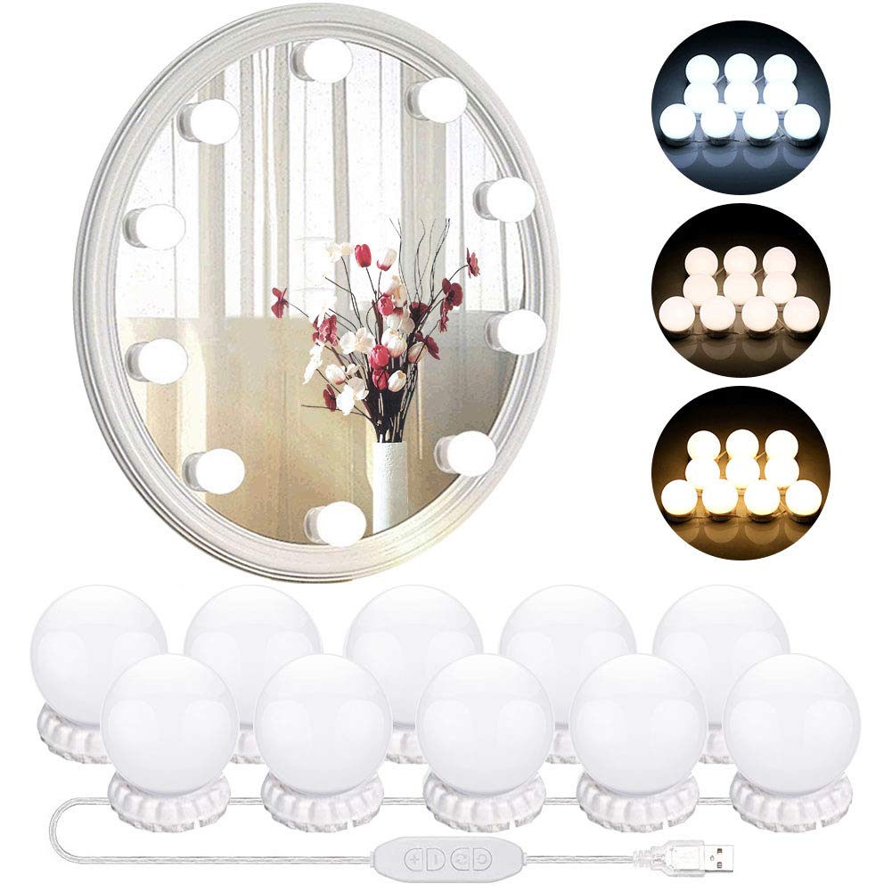 Hollywood Style LED Vanity Mirror Lights with 10 Dimmable Bulbs 3 Color Modes, Makeup Lights Stick On for Vanity Table Set & Bathroom Mirror, USB Power Cord (Mirror and Adapter not Included) - NewNest Australia