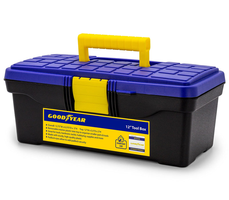 GOODYEAR - 12 Inch Mini Tool Box for Small Tools, Plastic Hobby Accessories Storage Box with Handle, Removable Inner Tray, Lightweight & Easy to Carry, One hand Snap Latch - NewNest Australia