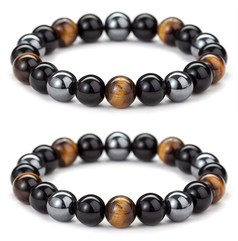 Triple Protection Bracelet for Bring Luck and Prosperity Hematite Black Obsidian Tiger Eye Stone Bracelets for Men Women, Beaded Buddha Healing Rope Uni Bracelet (2pcs) A - NewNest Australia