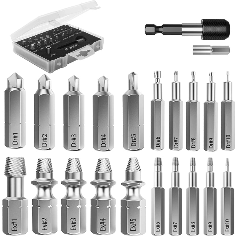 Nuovoware Damaged Screw Extractor Set, 22 PCS Easy Out Stripped Screw Extractor Kit, All-purpose HSS Broken Screw Remover Set with Magnetic Extension Bit Holder & Socket Adapter 22pcs - NewNest Australia